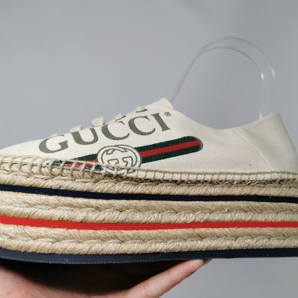 Gucci Canvas Logo Lace-up Wedge Espadrille Platform Shoes - Picture 8 of 13